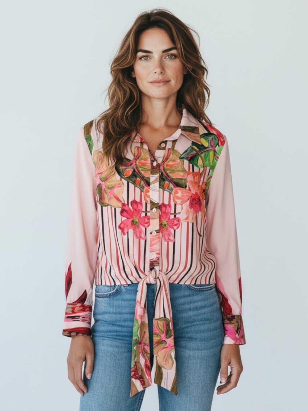 Sublini Tropical Floral Striped Tie Front Blouse Pink Green Sz M NWT Barbiecor